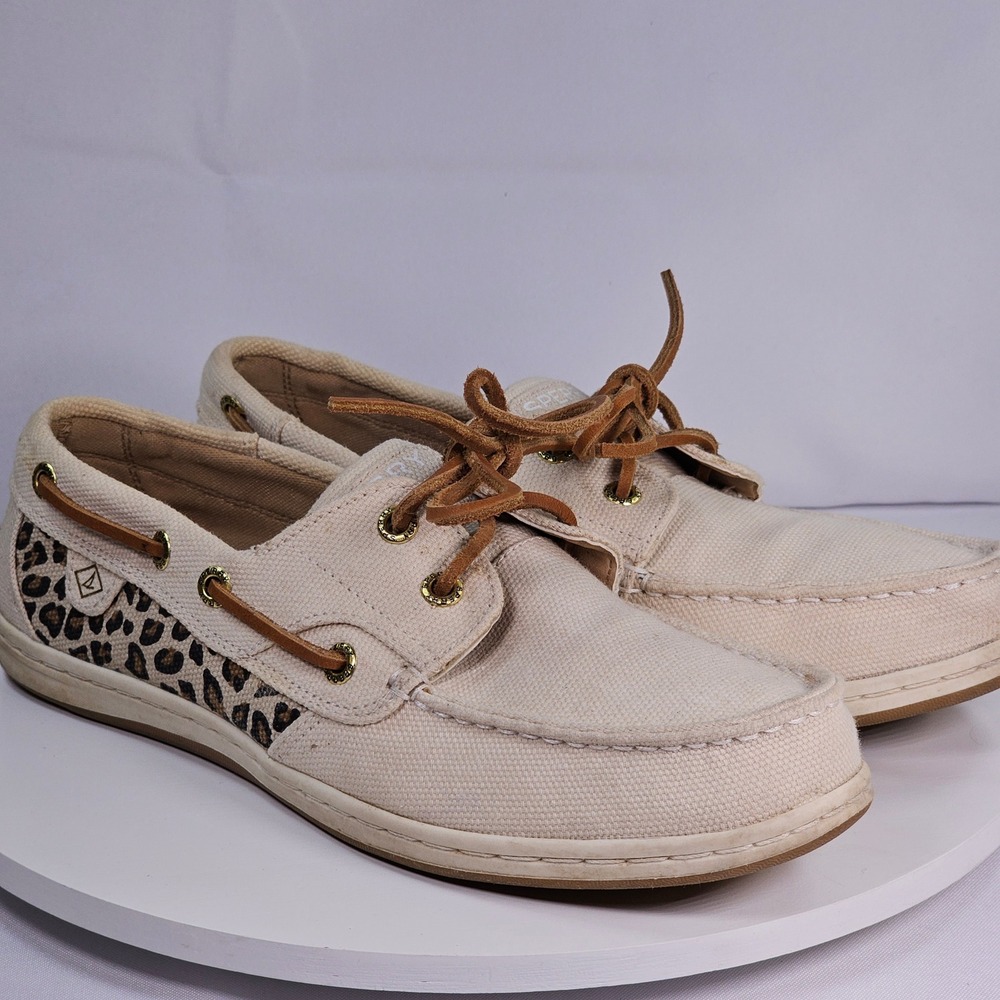 Sperry Top Sider Womens Boat Shoes Canvas Leopard‎ Print Lace Up Size 8.5